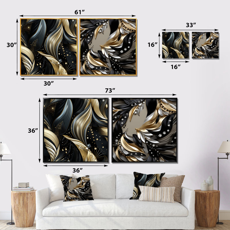 Noir profond et élégance dorée - ensemble de 2 impressions sur toile abstraites, Cadre noir, H 30 po x l 61 po x P 1 po