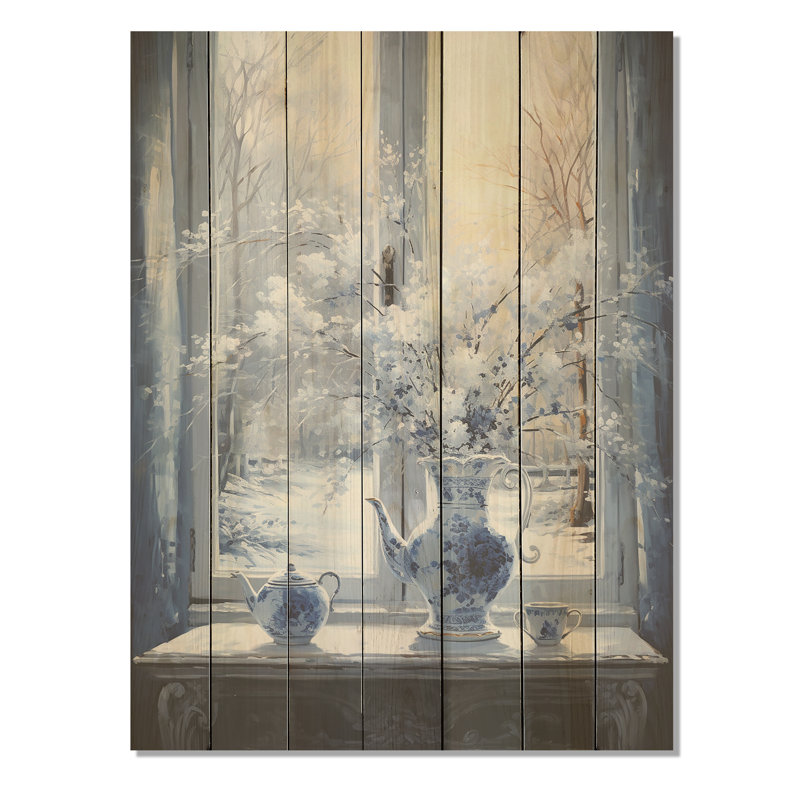 Blanc et bleu, fenêtre d'hiver, nature morte II - paysage d'hiver sur bois, H 44 po x l 34 po