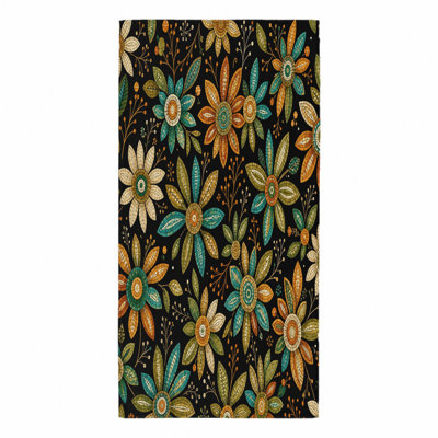 1Pcs Boho Floral Beach Towel, Featuring Colorful Mosaic Flowers and Green Leaves on a Black Background. Large Microfiber for, Swimming, Travel, Camping, Artistic Design, Unisex.