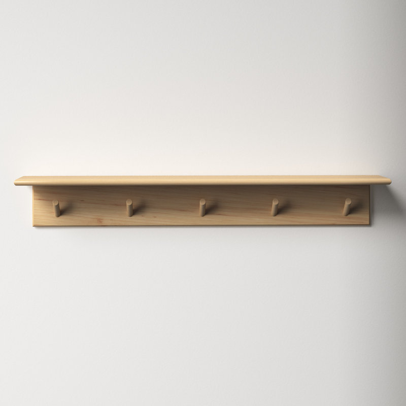 Shea Poplar Solid Wood Floating Shelf with Hooks, Natural