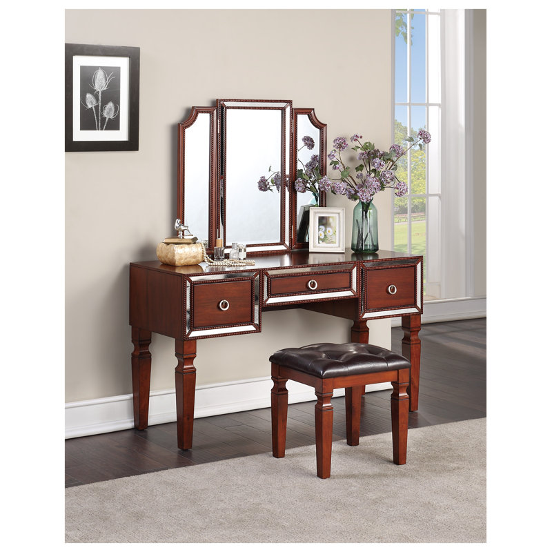 Ensemble coiffeuse en cerisier traditionnel avec miroir pliable et tabouret capitonné