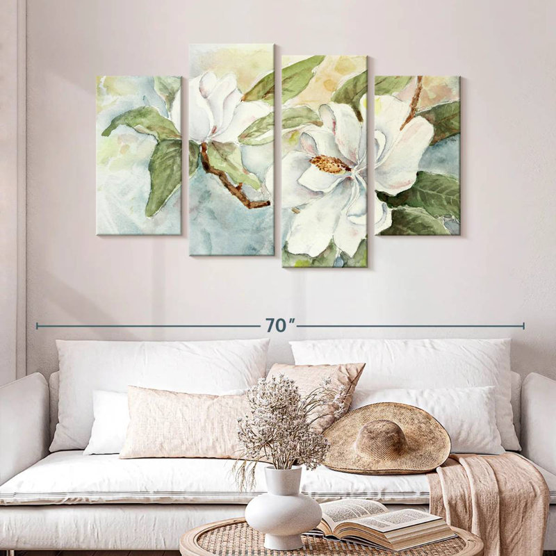 Branche de magnolia Harnek, aquarelle blanche, H 32 po x l 52 po