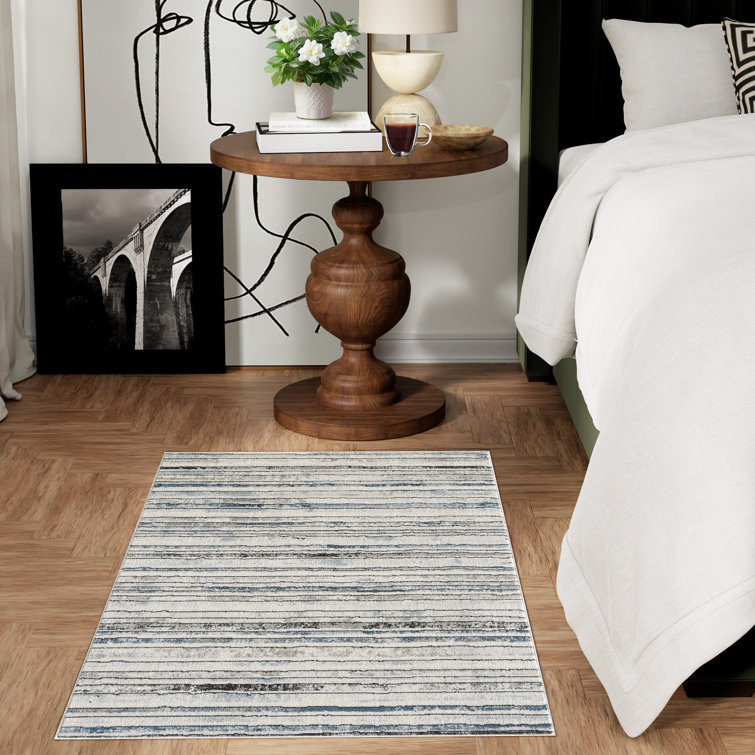 Modern Minimalist Striped Area Rug in Blue/Cream/Gray for Living Room, Hallway, Entryway Rugs