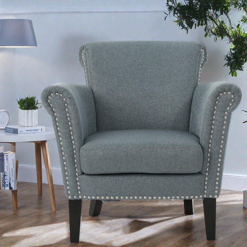 Chaises d'appoint modernes, chaise cloutée en tissu bleu gris de 31 pouces pour la maison