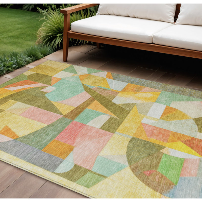 Tapis intérieur/extérieur lavable, motif abstrait blé, orange, vert et ivoire, 3 m x 4,25 m