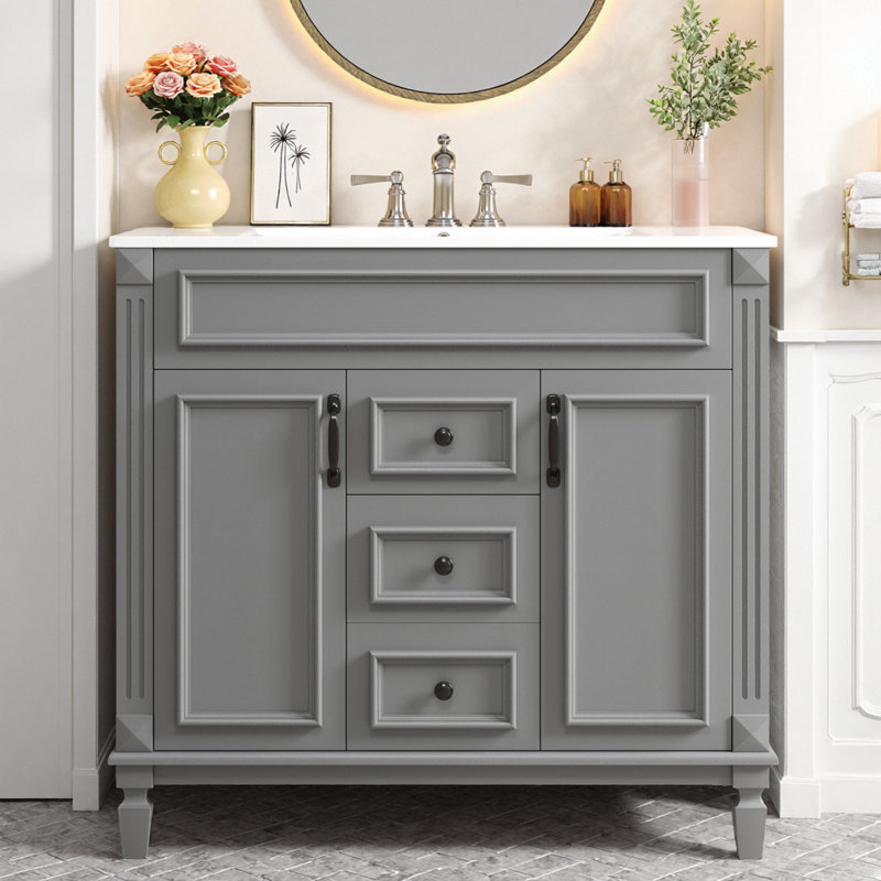 Meuble-lavabo moderne de 36 po avec lavabo en céramique, 2 portes à fermeture douce et 2 tiroirs, pieds romains, capacité de 300 lb, finition texturée, robinet central de 4 po prêt pour le robinet