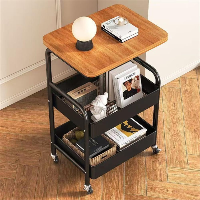 3-Tier Rolling Utility Table Set – Metal Storage Cart with Wooden Top, Lockable Wheels, Mesh Baskets, Space-Saving, Multifunctional for Kitchen, Bathroom, Office, Living Room – Black