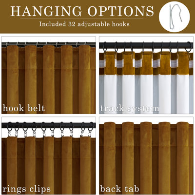 Aikens Velvet 100% Blackout Curtains , Back Tab Hooks Drapes,Room Darking Thermal Insulated Drapes(Set of 2,With Hooks)