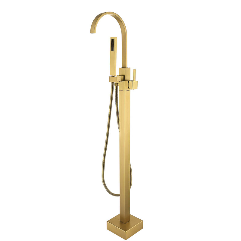 Robinet de baignoire autoportant doré avec douchette portative - Fabrication durable en métal brossé pour douche à main