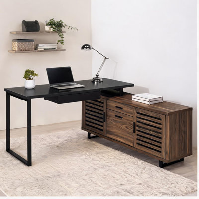 Bureau de direction en L avec crédence de rangement l 60 x P 60 en noyer brun et noir