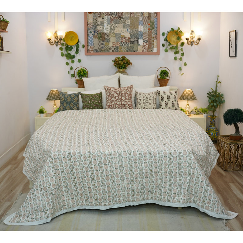 Literie bohème de luxe à motif floral en tissu imprimé Fab Fabine pour chambre et canapé, King Us, Vert / Gris