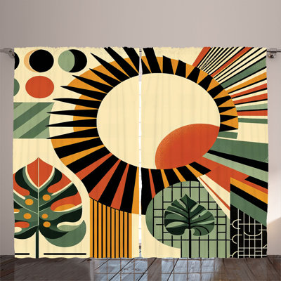 Ambesonne Curtains 2 Panel Set, Mid Century Abstract Sun, Beige Burnt Orange Black -  p_429431_108x63