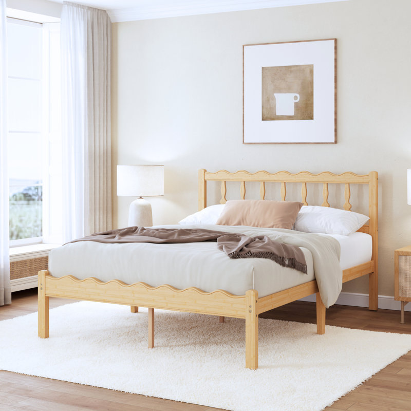 Solid Wood Bed Frame with Wavy Headboard, No Box Spring Needed, Bamboo&Metal, Queen