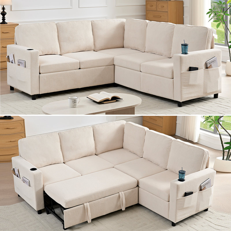 Modular Corduroy L-Shaped 3-in-1 Sleeper Sofa Bed with Storage, Beige, Beige Corduroy