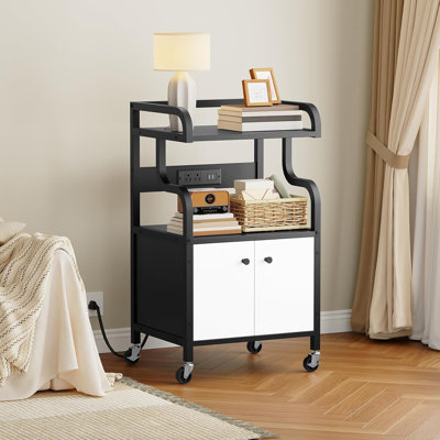 Printer Stand With Storage,Printer Table For Home Office With Charging Station, Large Rolling Cart With Wheels, Printer Cabinet With Open And Hidden Space