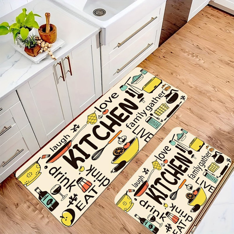 2 Pack Kitchen Doodle Beige Flannel Kitchen Mats Corridor Kitchen