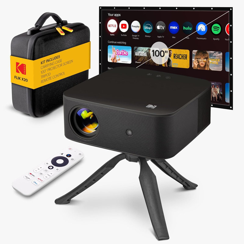 Ensemble de projecteur intelligent Kodak FLik X20 Full HD avec écran de 100 po, trépied, télécommande, Wi-Fi, boîtier en EVA (noir)
