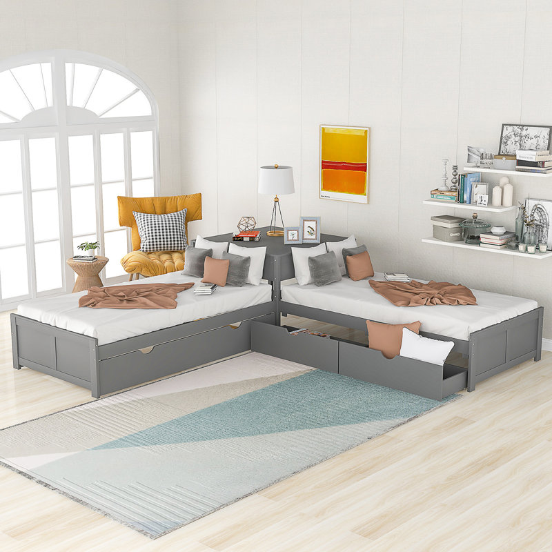 L-shaped Platform Bed with Trundle and Drawers Linked with built-in Desk, Gray