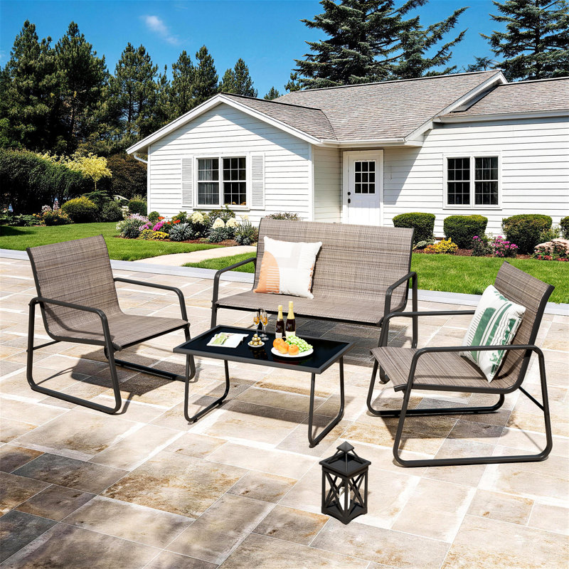 4-Piece PVC-coated polyester Outdoor Patio Sofa Set With Adjustable Feet, Metal Frame & Black Tempered Glass Coffee Table