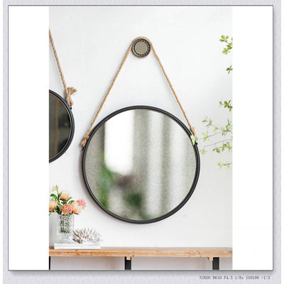 Miroir rond suspendu tendance de 29,5 po avec cadre noir et sangle de corde, décor industriel contemporain pour salle de bain, chambre à coucher ou espace de vie