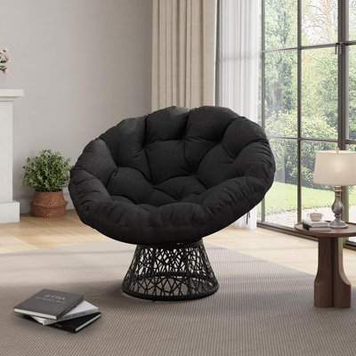 Papasan Chair, 37" Ergonomic Wicker Papasan Chair with Extra-Thick Soft Fabric Cushion, Heavy-Duty Steel Frame, 360° Swivel Base for Living Room, Bedroom & Reading Nook, All Black