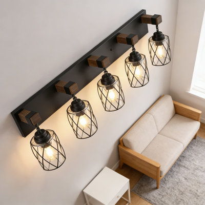 Farmhouse Vanity Light Fixture With Glass Shades, 5-Light Black Metal Wall Sconce For Bathroom Mirror, Bedroom, And Living Room Rustic Lighting