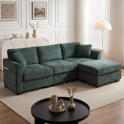 Modern L-shaped Chenille Storage Sofa, 4-seat Oversized Cloud Sectional With Dual Usb, 2 Side Pockets & Ottoman Storage Bench