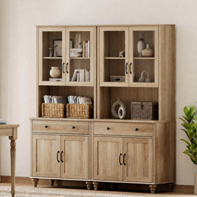 Bibliothèque à 5 niveaux de H 72 po x l 68 po avec portes en verre, bibliothèque de ferme avec grande armoire de rangement, grande bibliothèque en bois pour le salon, le bureau, la cuisine, chêne