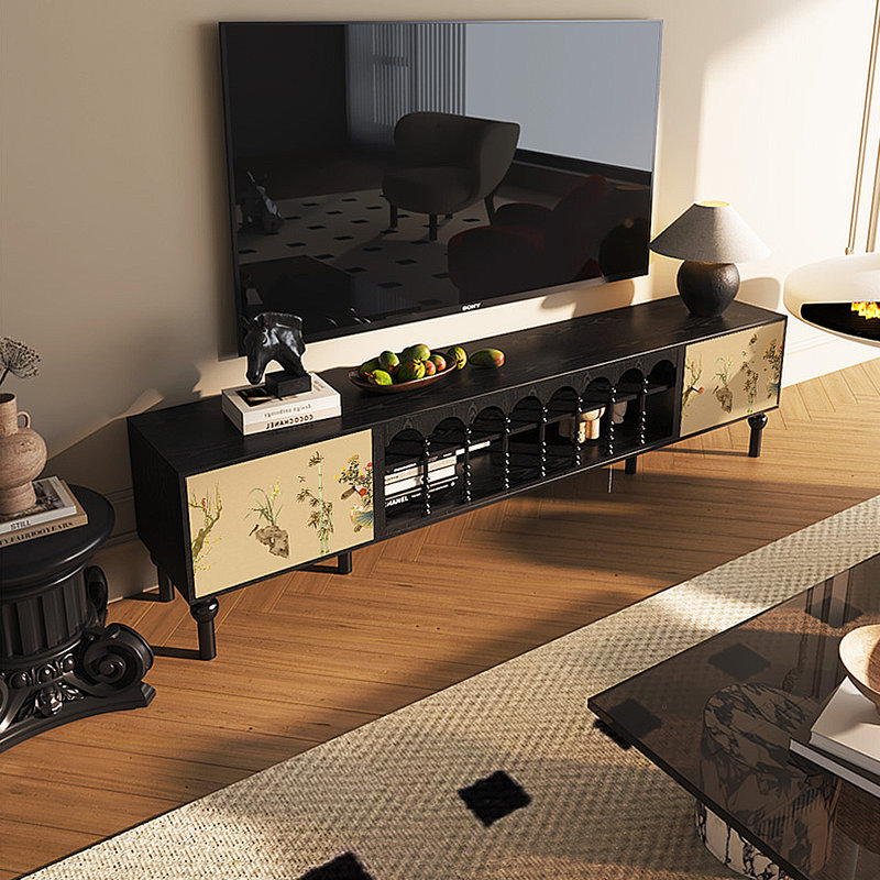 Meuble télé avec rangement peint français rétro, H 21,26 po x L 78,74 po x l 15,75 po, Noir, noir, noir, noir