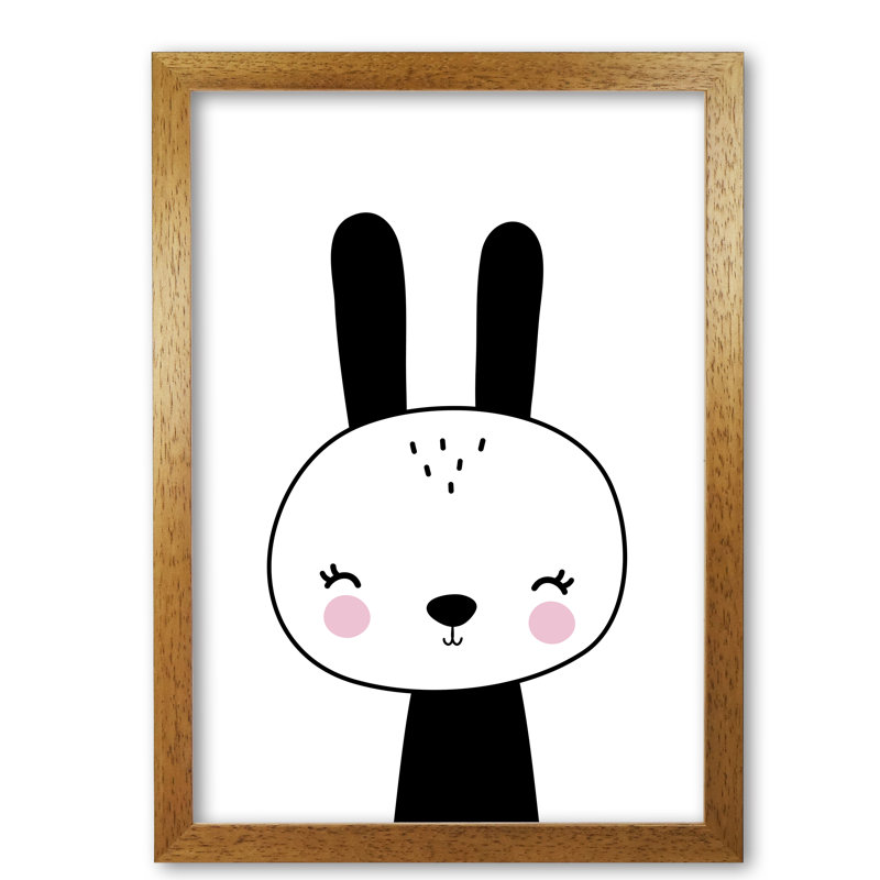 Black And White Scandi Bunny - Painting, Honey Oak Frame, 30 cm H x 21 cm W x 5 cm D