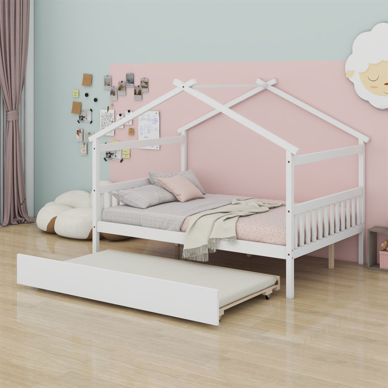 Lit en bois avec lit gigogne simple, Blanc, Lit simple
