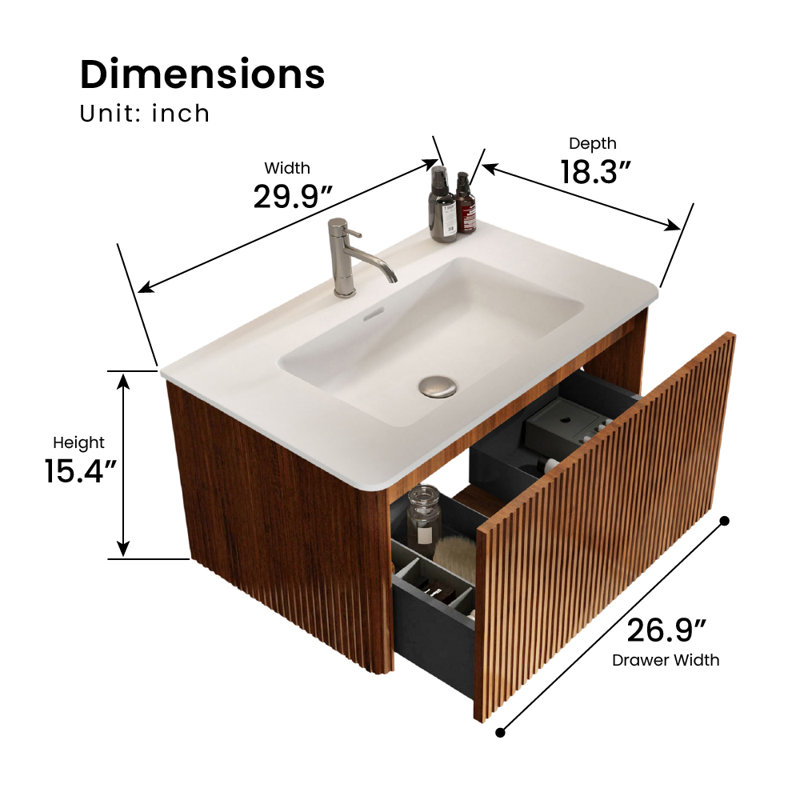 Hannemarie 30 Inch Wall Mounted Single Bathroom Vanity with Top with Overflow, Pre-Assembled , Walnut, 30"