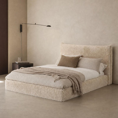 Cadre de lit tapissier «Queen», lit plateforme en tissu long avec tête de lit rembourrée, meubles de chambre à coucher modernes, ivoire