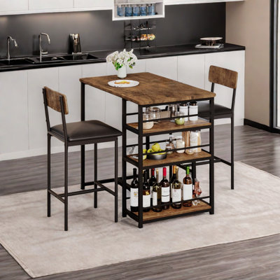 3-Piece Dining Table Set, Dining Table With Wine Rack And 2 Chairs, Space Save Kitchen Dining Set