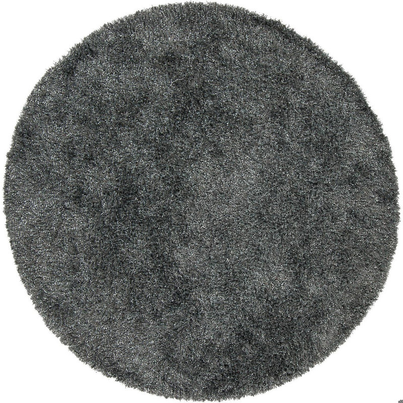 Tapis en polyester à poils longs bleu, brun et noir tissé à la main Belliveau, Bleu, Rond 7 pi 9 po