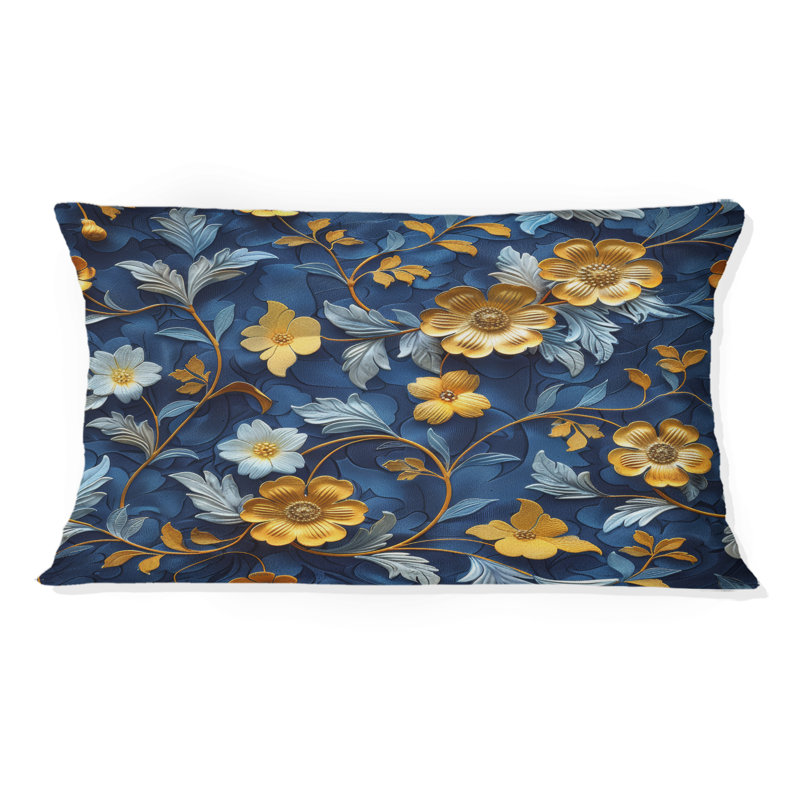 Coussin lombaire à fleurs dorées et bleues Serenity