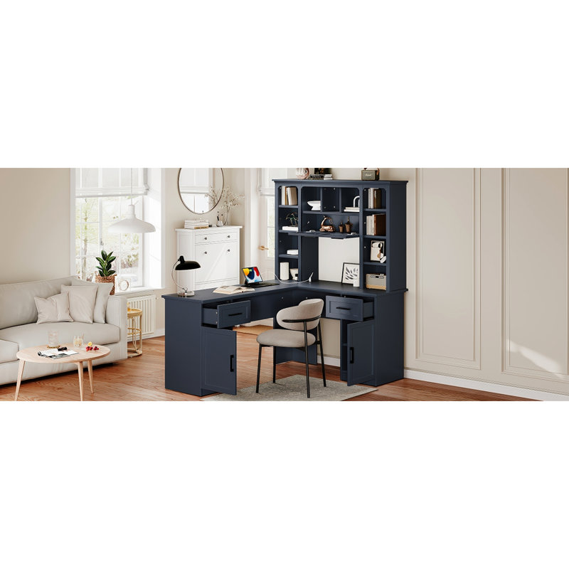 Bureau d'ordinateur en L bleu antique avec 2 armoires, tiroirs, 11 tablettes de rangement et prise électrique pour des espaces de travail confortables.