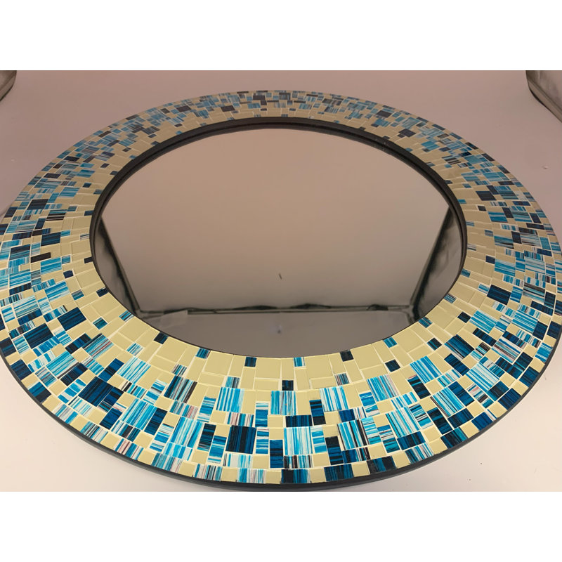 Zorigs Mosaic Mirror, Wall Art Décor – Handcrafted Decorative Wall Mirror, Beige and Blue Mosaic Mirror, 24” Frame, 15" Round Mirror for Hallway, Bedroom, Bathroom, Living Room