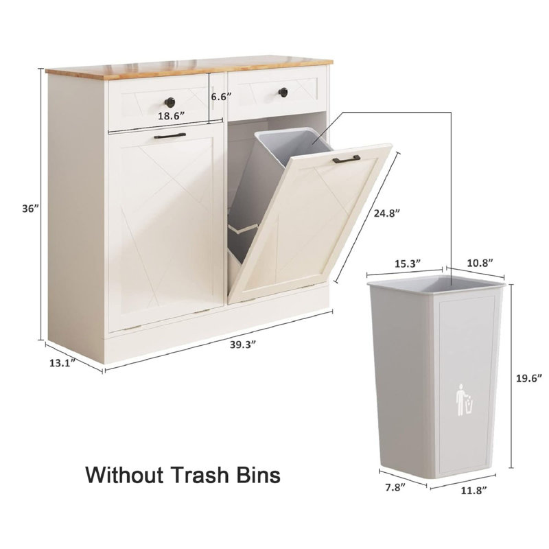 Wood 10 Gallon Cabinet Trash Can, White/Light Brown