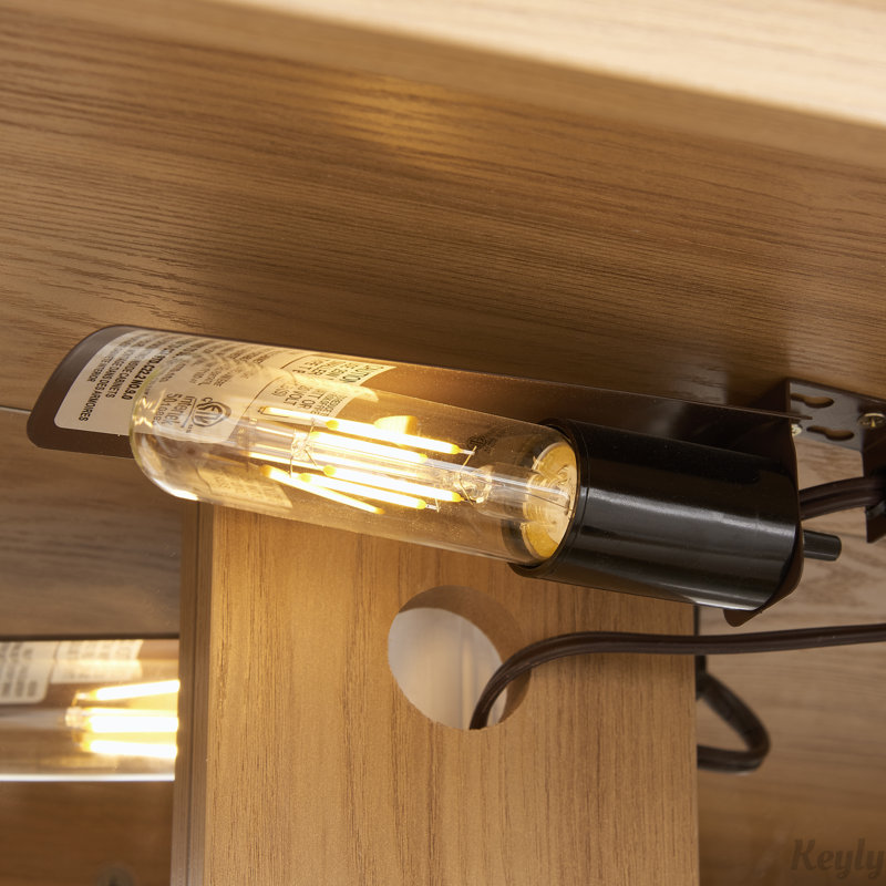 2 Glass Doors Lighted Display Cabinets with Mirrored Back Panel and Adjustable Shelves, Oak