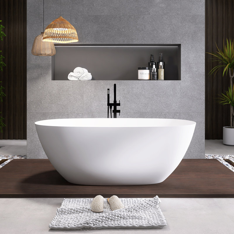 61'' Modern Freestanding Bathtub Resin Stone Soaking Bathtub Solid Surface Tubs With Overflow And Pop-Up Drain,Turquoise Green