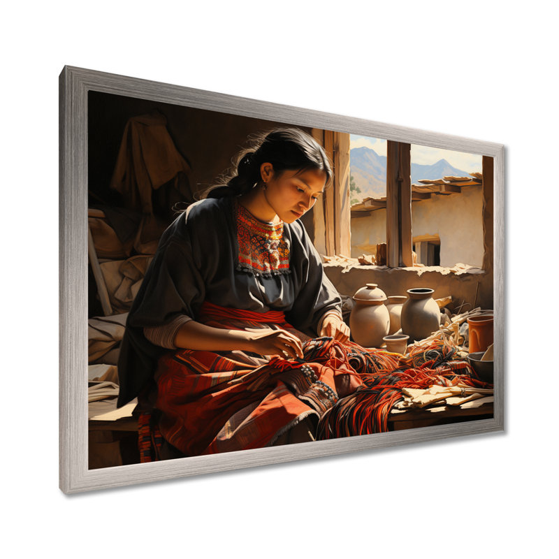 Corail beige, Mexique, art tisserand, reproduction d'art sur toile, Cadre simple argenté, H 34 po x l 44 po x P 1,5 po