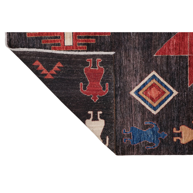 Tapis noir et rouge noué à la main de haute qualité