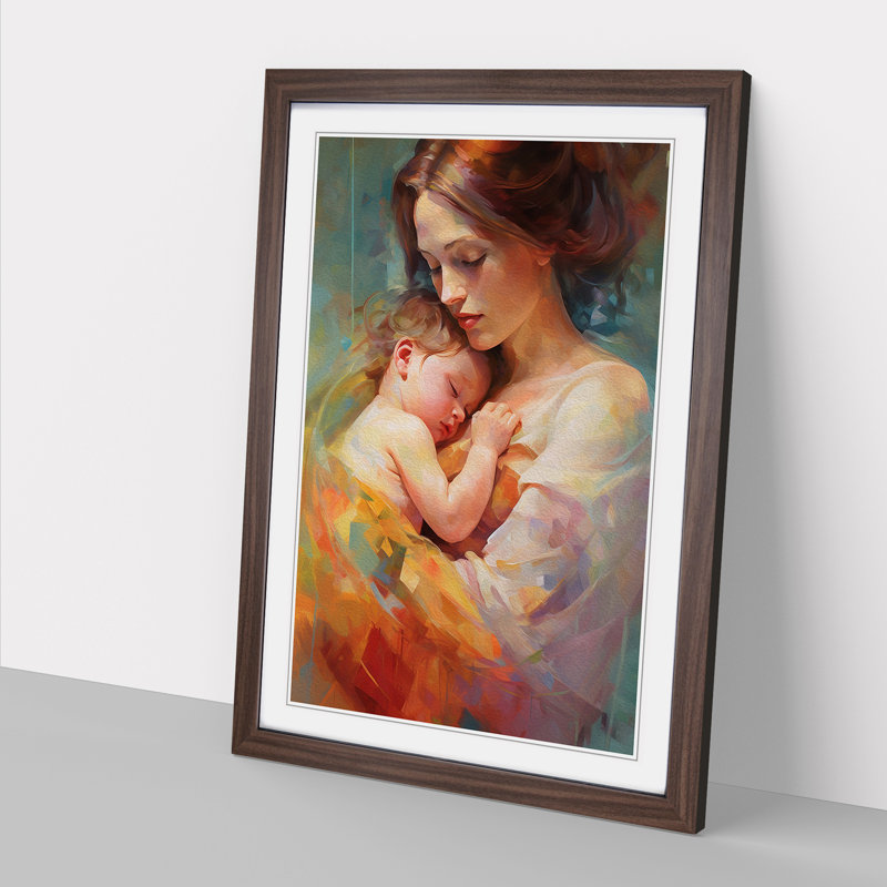 XYZ-FRM-V1223-4560 Mother And Baby Contemporary - Single Picture Frame Print on Wood, 34cm H x 25cm W x 2cm D, Walnut 