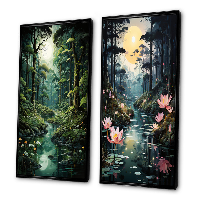 Deep River Into The Forest I - ensemble de 2 reproductions d'art mural forêt, H 28 po x l 25 po, Cadre noir