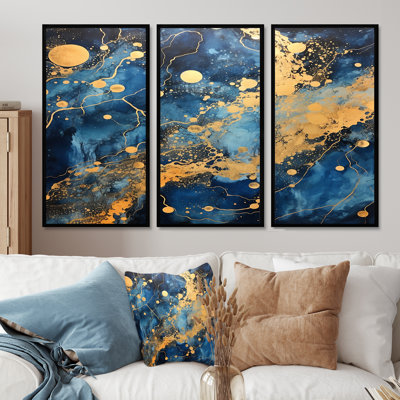 Sparkling Gold Blue Ocean - ensemble d'art mural en marbre