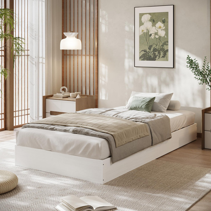  Modern Minimalist Sturdy Wood Platform Bed Frame for Home - Twin XL, Floor-Standing, Sturdy Wooden Slats, Noise-Free, Easy Assembly, Space-Saving, No Box Spring Needed - White