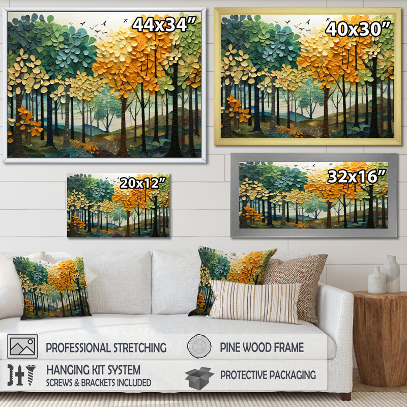 «Orange Green Trees Canopy Patchwork III», reproduction sur toile flottante, Blanc, H 16 po x l 32 po x P 1 po