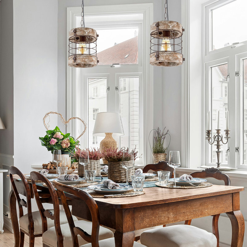 Meganne Retro Industrial Metal and Wood Chandelier 1-Light Round Cage Pendant Light Fixture for Kitchen Island Foyer Hallway Bar Dining Room Restaurant