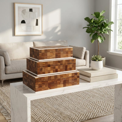 Decorative Mosaic Wood Storage Boxes With Lid For Living Room - Modern Checkered Boxes For Keepsake Organizer - Set Of 3, 12", 11", 10", Brown & White